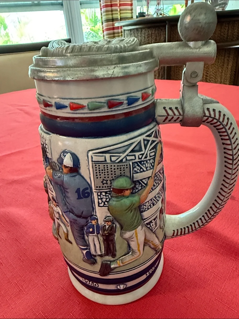 Avon Ceramic Baseball Stein with Red, Blue & White Accents